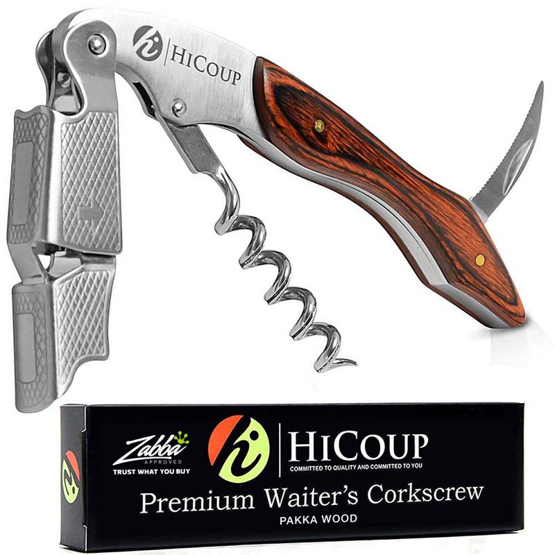 HiCoup Kitchenware Hicoup Wine Opener - Professional Corkscrews for Wine Bottles w/Foil Cutter and Cap Remover - Manual Wine Key for Servers, Waiters, Bartenders and Home Use - Pakka Wood - Image 1